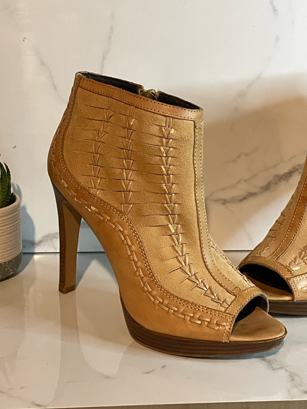 Michael Kors Tan Leather Woven Peep-Toe Booties